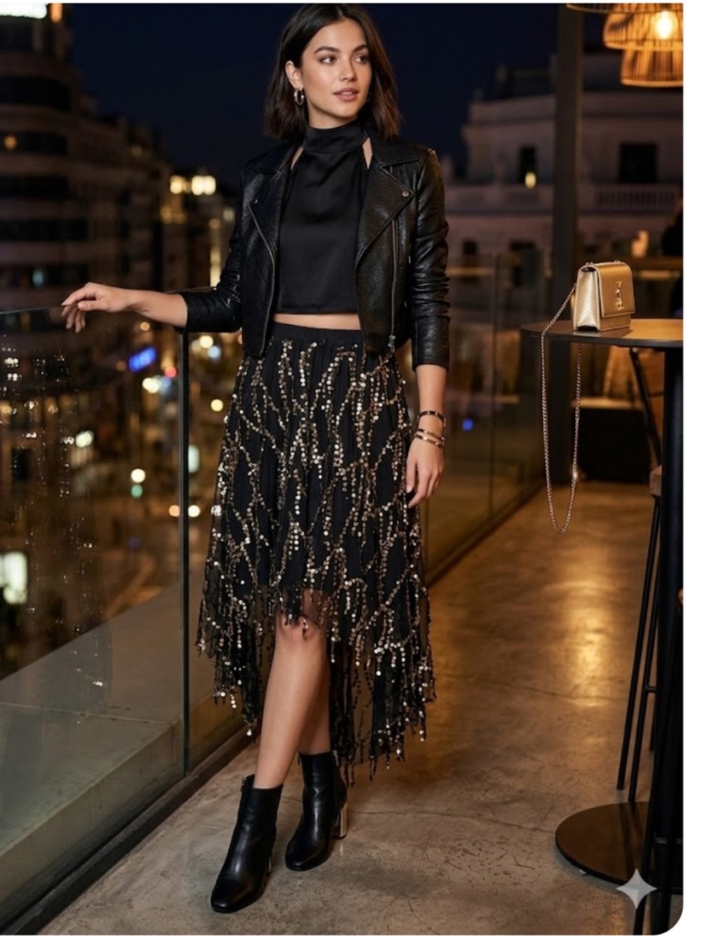 Women's Black Sequin Fringe High-Low Skirt